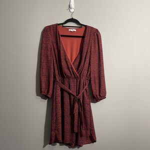 DR2 Women’s Retro Mod Geo Print Dress Red Belted Waist V-Neck Pockets Size S